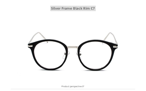 Front view of C7 retro round optical glasses with silver metal and black frame accents