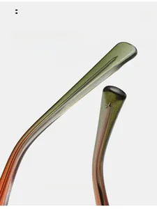 Detail view of TR90 sunglasses temple tip showing transparent gradient finish and metal core