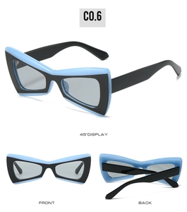 Detailed views of butterfly geometric sunglasses in blue and black with gray lenses
