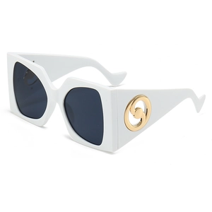 Fashionable oversized square sunglasses with white frames and gold circular metal temple detail