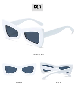 Detailed multi-angle views of white triangle butterfly sunglasses with dark lenses