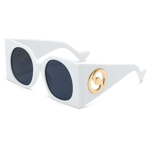 Oversize white frame sunglasses with dark lenses and gold round temple hardware