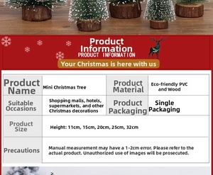 Detailed size chart for mini flocked cedar Christmas trees with wooden bases