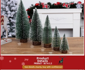 Detailed view of five mini frosted Christmas trees in varying heights on a wooden table