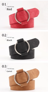 Detailed comparison of red, black, and camel women belts with silver round buckles