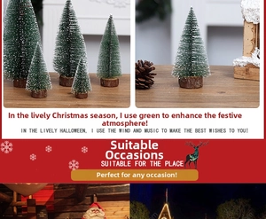 Macro shot of flocked mini cedar Christmas trees with snow effect and wooden bases