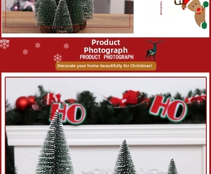 Detailed view of mini flocked Christmas trees with natural wood bases for table decor