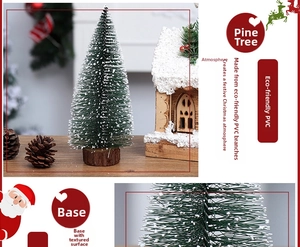 Close-up of PVC snowy cedar mini Christmas tree with natural wooden base detail