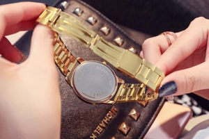 Macro view of gold stainless steel watch case back and polished triple-link band