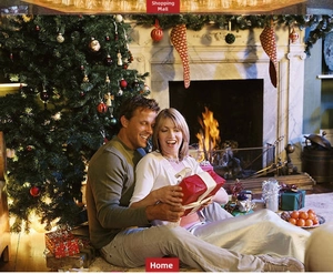 Cosy home interior with decorated Christmas tree and gifts near a fireplace
