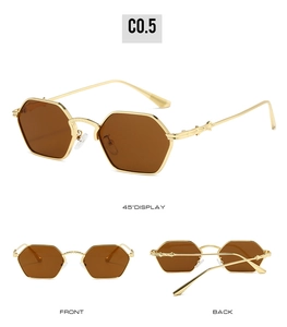 Detailed views of gold octagonal sunglasses featuring premium dark brown lenses and metal frame