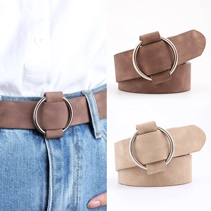 Women's creative round buckle wide belts in dark coffee and light khaki faux suede