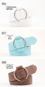 Detailed view of three round buckle belts in white sky blue and coffee 103x3cm
