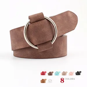 Women's vintage matte coffee belt with silver circular buckle and 8 color options