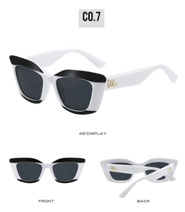 Vues détaillées de lunettes œil-de-chat bicolores avec logo doré et verres gris foncés