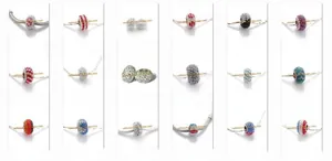 Macro shot of 18 assorted crystal beads in various colors for DIY jewelry making