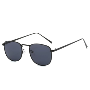 Retro small square metal sunglasses with thin black frame and dark polygon lenses