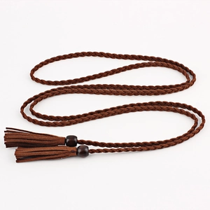 Brown braided waist chain with wood beads and tassel fringe for dresses on white back