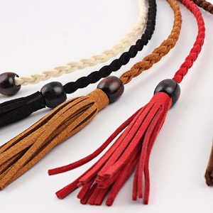 Braided waist belt with wooden beads and tassels in white, black, brown, and red colors