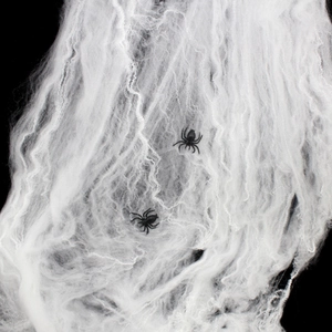 Realistic white Halloween spider web decoration with two black spiders for festive party decor