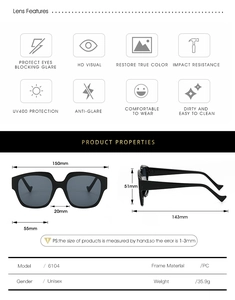 Detailed technical diagram of black PC oversized sunglasses showing precise UV400 dimensions