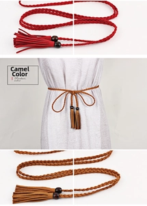 Detail of red and camel braided waist belts with fringe tassels and wooden beads