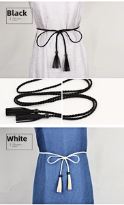 Close-up of braided tassel waist belts in black and white with wooden bead details