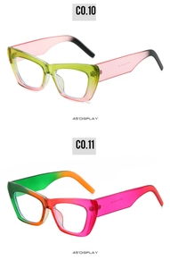 Détail de montures de lunettes œil-de-chat en dégradé vert et couleurs arc-en-ciel
