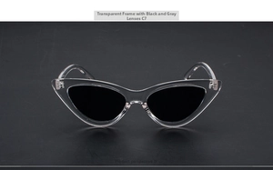 Front 0° view of trendy cat-eye sunglasses with transparent frame and dark grey lenses