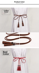 Detail of woven dress belts with tassels and wooden beads in coffee and red colors