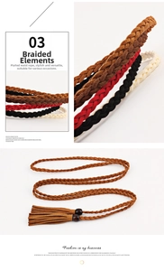 Detail of bohemian braided waist rope featuring wooden beads and tassel accents
