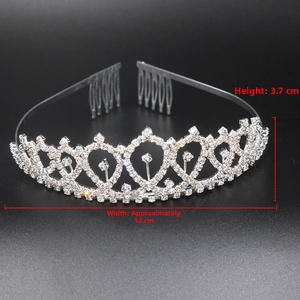 Detailed view of silver rhinestone tiara with heart pattern including height 3.7cm measurements
