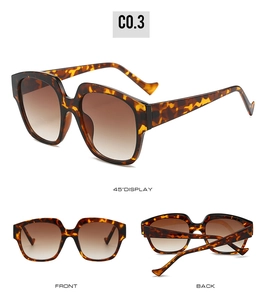 Detailed views of leopard print sunglasses with gradient lenses and thick temples