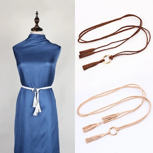 Women's Fashion Braided Faux Leather Waist Rope Belt With Tassel Fringe Gold Metal Ring Buckle Slim Woven Dress Accessory
