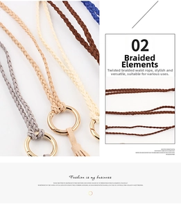 Detail of hand-woven braided waist ropes with gold metal rings and stylish fringe tassels