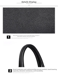 Close-up of black lychee grain PU leather texture and reinforced round top handle detail