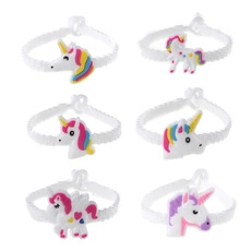 Set of 6 colorful silicone unicorn bracelets for kids with white woven texture bands