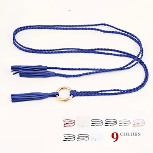 Handmade woven waist belt with tassels and gold ring buckle in royal blue color