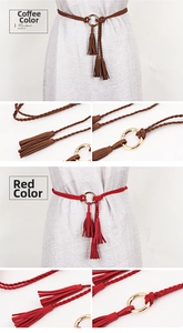 Detail of woven waist belt with gold metal rings and tassels in brown and red