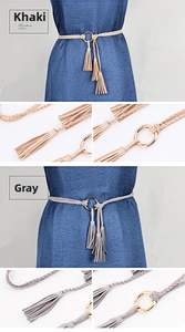 Detail of woven thin belts with gold ring buckle and tassels in khaki and grey