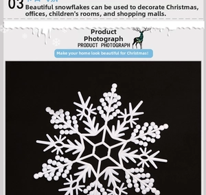 Detailed view of white hollow plastic snowflake ornament for Christmas tree decorations