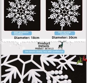 Detailed comparison of 18cm and 30cm white hollow snowflake ornaments with a close-up texture