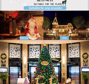 Detailed Christmas scene featuring large trees, reindeer, and wreaths in a hotel lobby