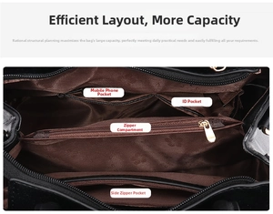 Detailed interior view of handbag showing multiple zip compartments and storage pockets