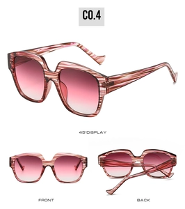 Three views of pink wood-grain oversized sunglasses with gradient lenses showing detail