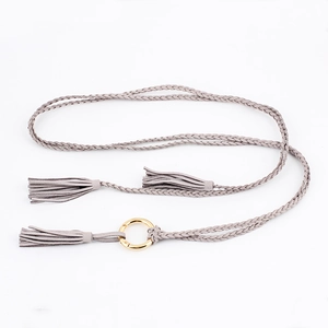 Braided light gray waist rope with golden ring buckle and tassels for summer dresses