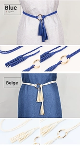 Detail view of woven tassel waist belts in blue and beige with golden metal ring buckles