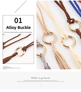 Detail of woven waist belts with golden alloy rings and elegant suede fringe tassels