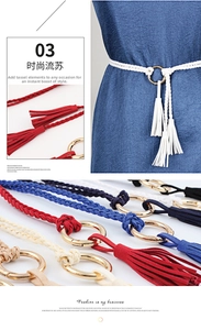 Detail of woven waist rope featuring gold metal rings and decorative tassels for dresses