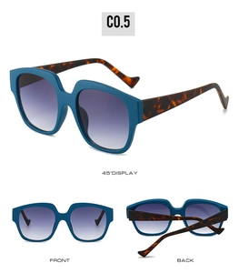 Detail view of large blue sunglasses with leopard tortoiseshell temples from three angles